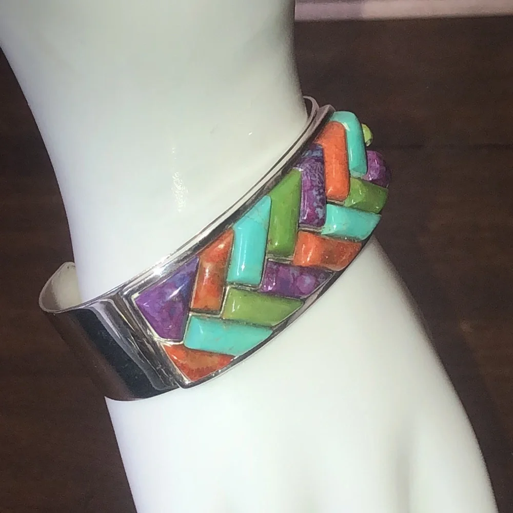 JAY KING Turquoise Coral Green Turquoise Sterling Silver Braided Gem Stone Cuff - Picture 8 of 17